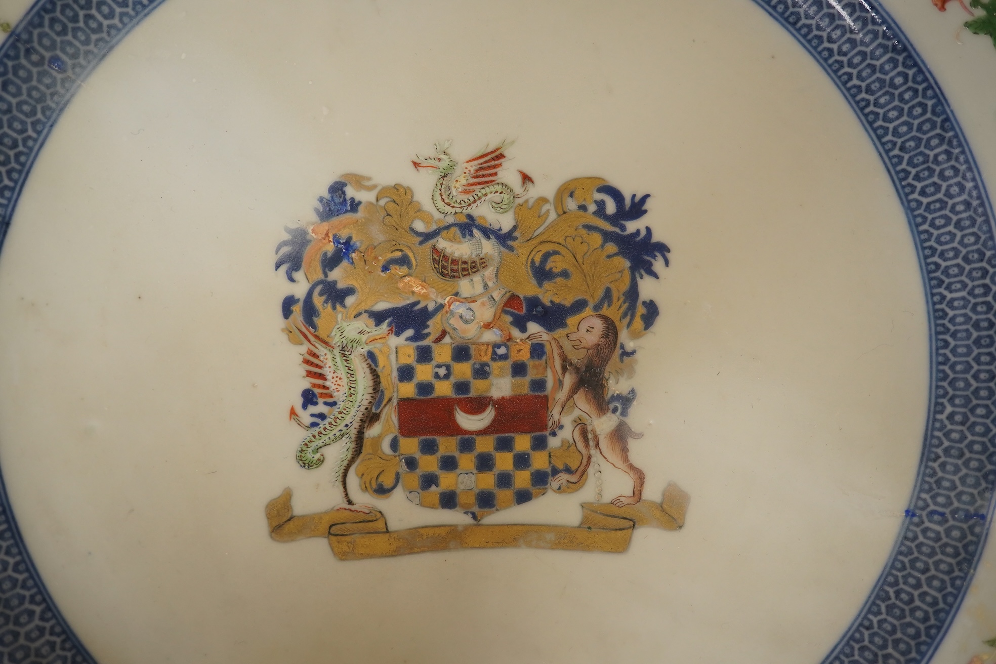 Two 18th century Chinese armorial dishes with arms of Way and Clifford, largest 35cm. Condition - both restored